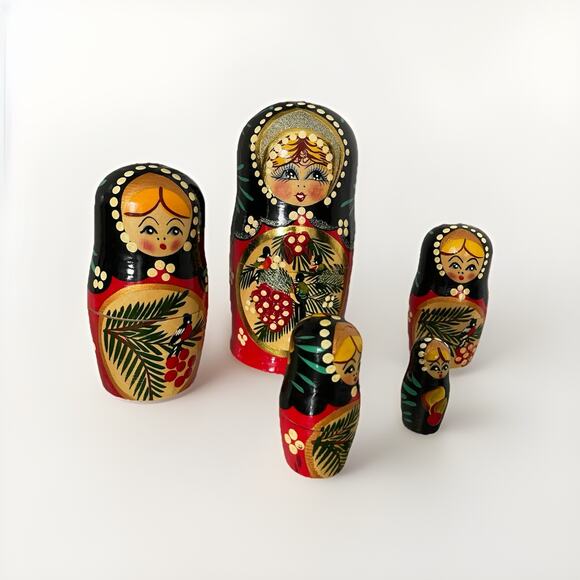 Matryoshka Nesting Dolls 5 Piece-7.5” Red Black and Gold Hand Painted-signed